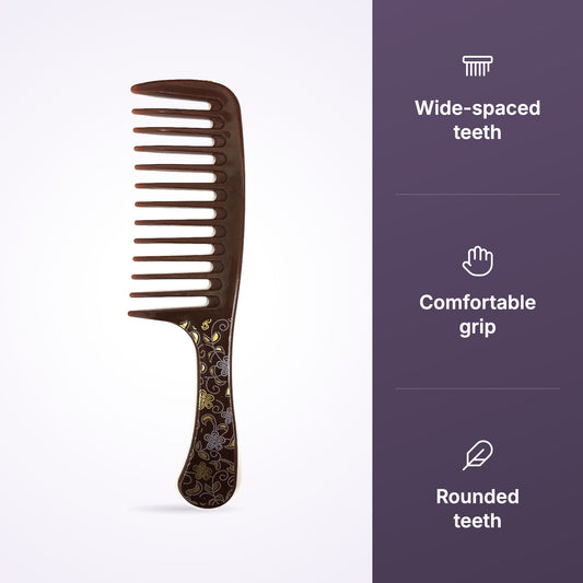 Aishu Hair Comb with wide-spaced teeth, comfortable grip and rounded teeth icons