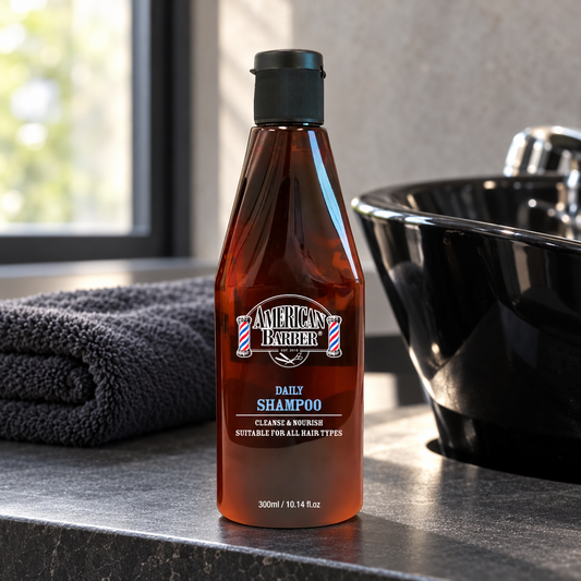 American Barber Daily Shampoo 300ml bottle beside a salon wash basin and charcoal towel