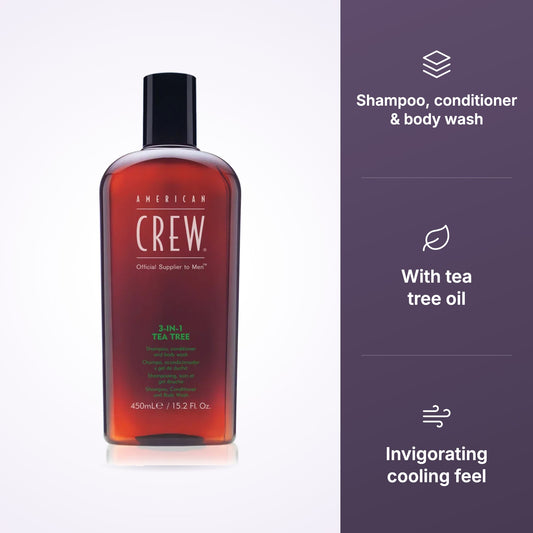 American Crew 3-in-1 Tea Tree Shampoo, Conditioner & Body Wash 450ml key benefits infographic