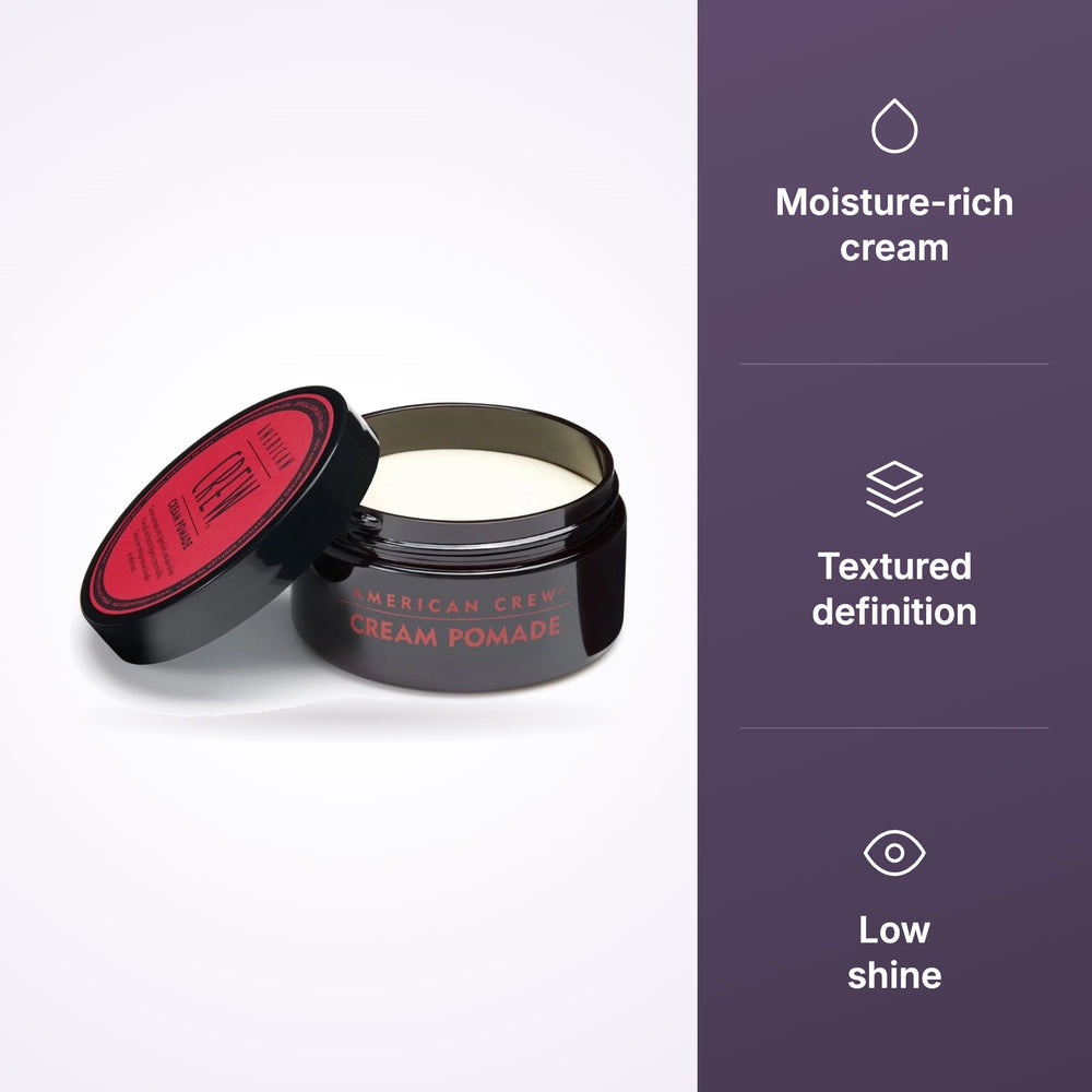 American Crew Cream Pomade features: moisture-rich cream, textured definition, low shine