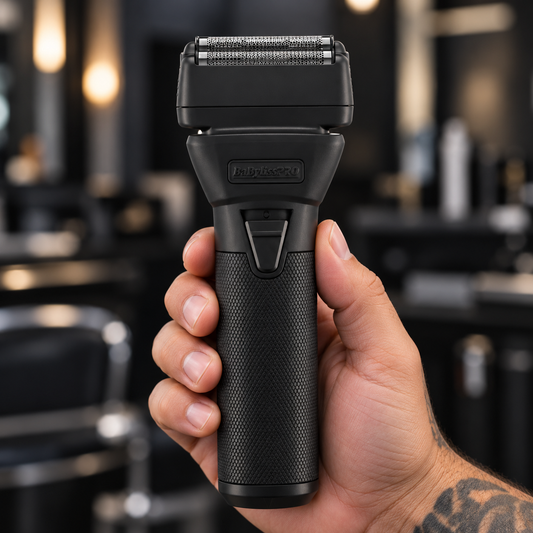 BaBylissPRO FXONE BlackFX shaver held upright showing the double foil head and textured handle