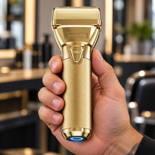 BaBylissPRO FXOne GoldFX shaver held by its knurled gold handle.