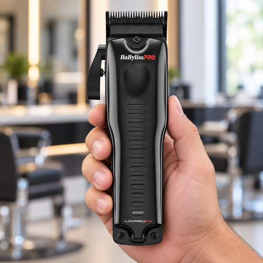 Black BaBylissPRO LO-PROFX clipper held upright showing its blade, taper lever and front grip