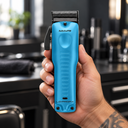 Blue BaBylissPRO LoPROFX clipper held upright to show the front grip, blade and taper lever