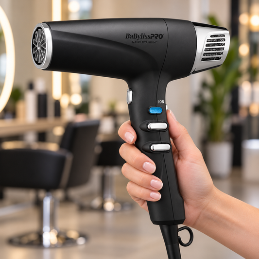 BaBylissPRO Nano Titanium Dual Ionic dryer showing its handle and controls.