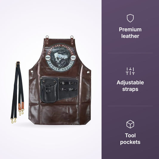 Barber leather apron with leather, adjustable straps and pocket icons