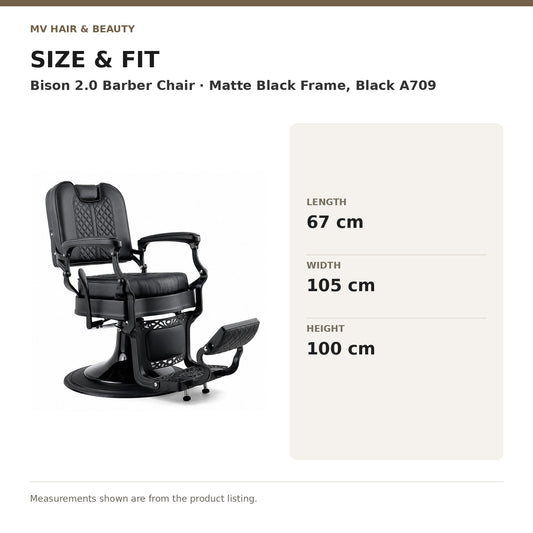 Bison 2.0 Barber Chair – Matte Black Frame, Black A709 dimensions: Length: 67 cm; Width: 105 cm; Height: 100 cm