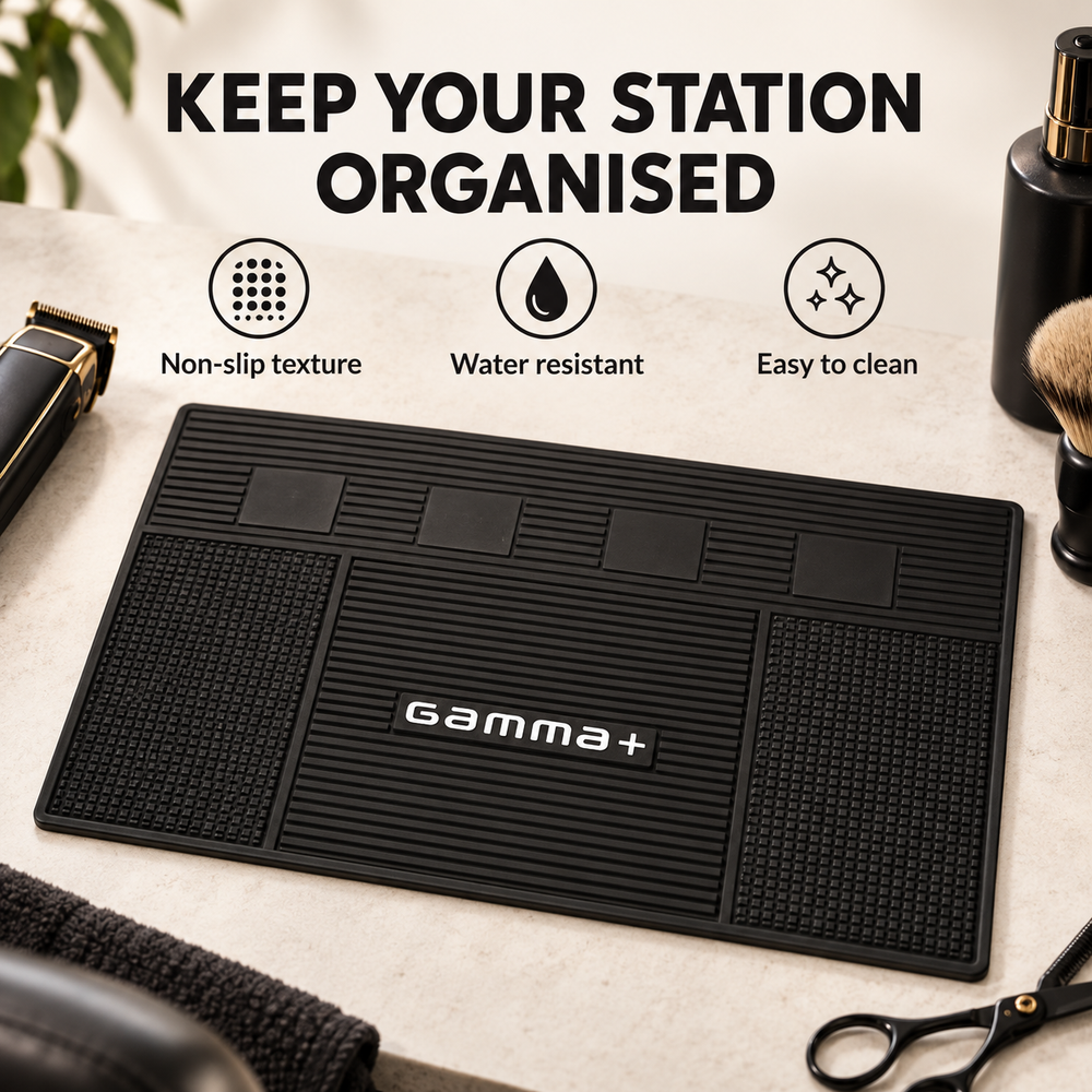 Gamma+ barber mat benefit graphic highlighting non-slip texture, water resistance and easy cleaning.