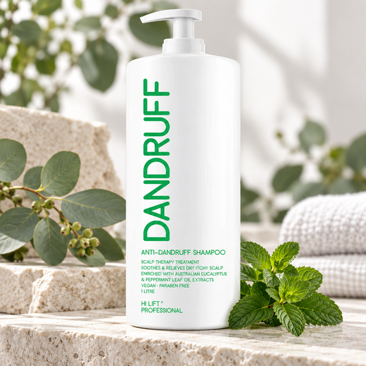 Hi Lift Professional Dandruff Shampoo 1L with eucalyptus and peppermint leaves.