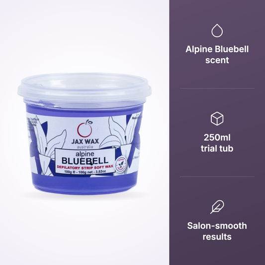 Jax Wax Alpine Bluebell Strip Wax 250ml trial tub, studio product photo