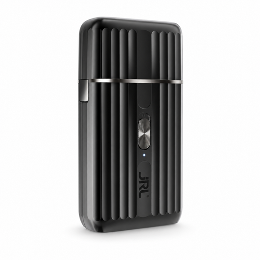 Black JRL SF Pro Shaver with cap fitted, showing the ribbed casing and power slider