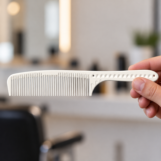 White JRL J201 barbering comb held by its handle, with its teeth visible.