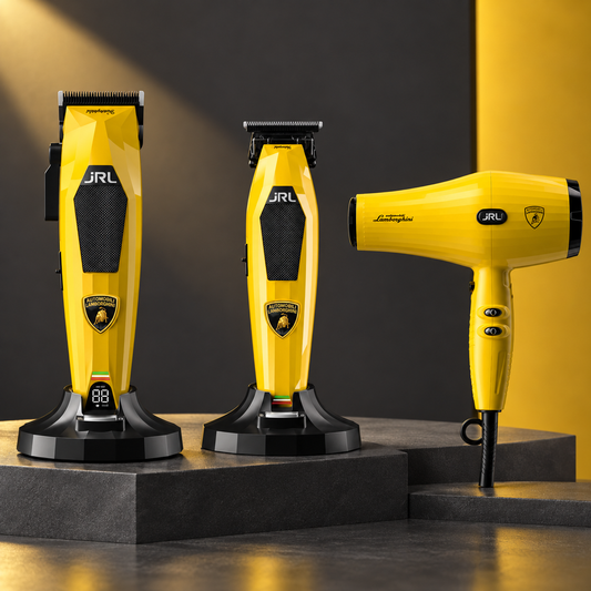 JRL x Lamborghini Bumblebee Trio – Yellow Clipper, Trimmer & Hair Dryer Set — studio product photograph