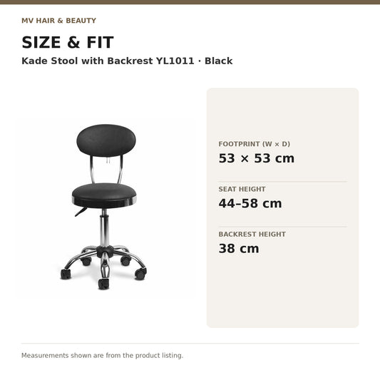 Kade Stool with Backrest YL1011 – Black dimensions: Footprint (W × D): 53 × 53 cm; Seat height: 44–58 cm; Backrest height: 38 cm