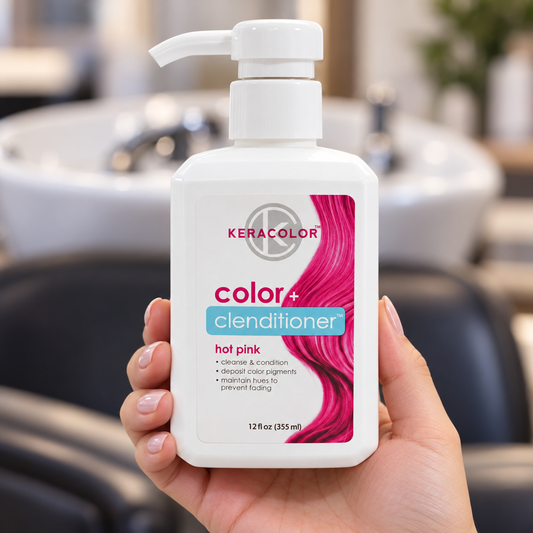 Keracolor Color Clenditioner Hot Pink 355ml bottle held with its label and pump visible