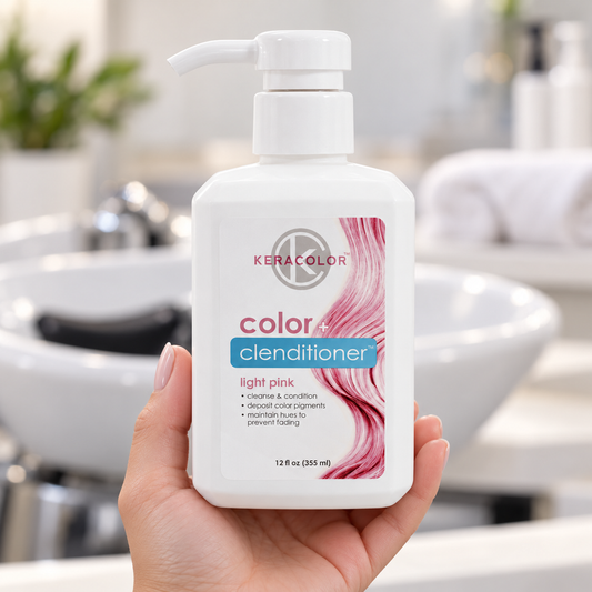 Keracolor Color Clenditioner Light Pink 355ml bottle held upright with its pump and shade label visible