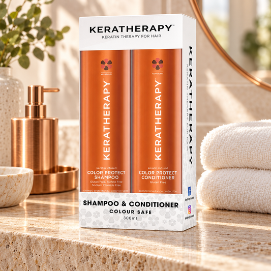 Keratherapy Colour Protect Shampoo and Conditioner Duo 300ml boxed set on a salon vanity.