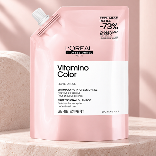L’Oréal Vitamino Color Shampoo Refill 500ml — studio product photograph
