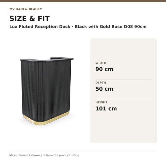 Lux Fluted Reception Desk – Black with Gold Base D08 90cm dimensions: Width: 90 cm; Depth: 50 cm; Height: 101 cm