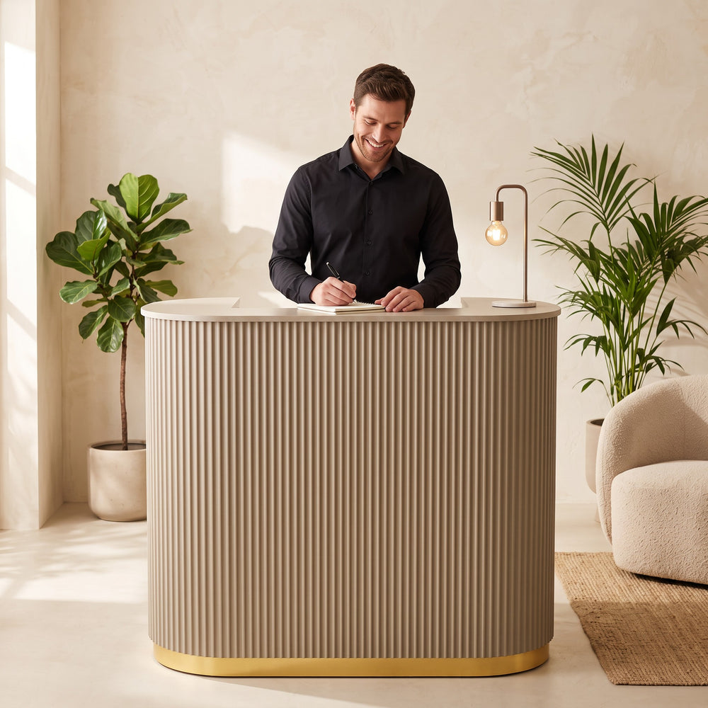 Lux Fluted Reception Desk Latte with Gold Base 120cm, view 3