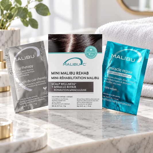 Malibu C Scalp Wellness Rehab Mini two-sachet kit on a clean salon vanity.