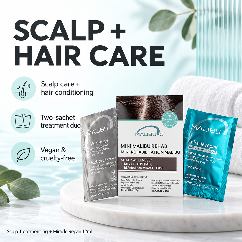 Malibu C Scalp Wellness Rehab Mini benefit graphic showing the scalp care and hair conditioning sachet duo.