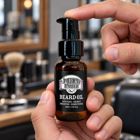 American Barber Beard Oil 42ml held upright with a finger resting on its attached pump.