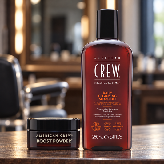 American Crew Boost Powder 10g and Daily Cleansing Shampoo 250ml together on a barber counter.
