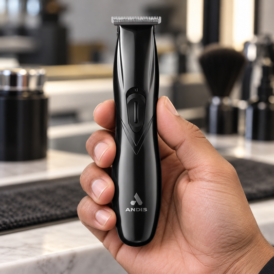 Andis Slimline Pro Li black trimmer held in a barber's hand, showing its grip and front controls