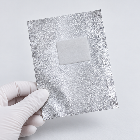 A gloved hand holding one Artists Choice gel removal foil wrap, showing its absorbent pad before use.
