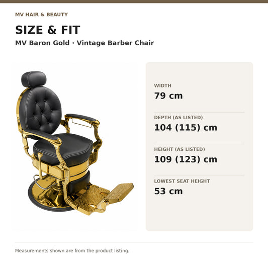 MV Baron Gold - Vintage Barber Chair dimensions: Width: 79 cm; Depth (as listed): 104 (115) cm; Height (as listed): 109 (123) cm; Lowest seat height: 53 cm