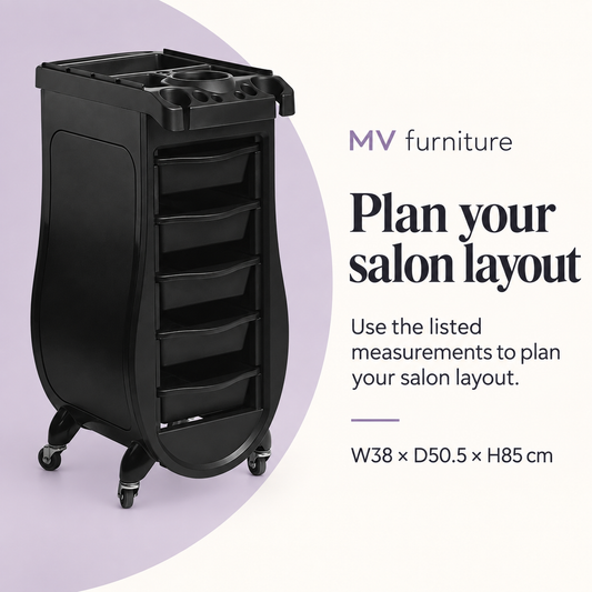 April Hair Trolley 3201-AB — Plan your salon layout. W38 × D50.5 × H85 cm.