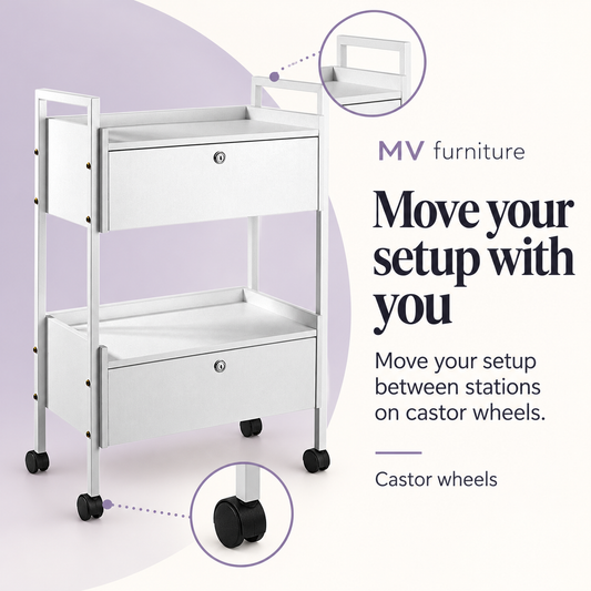Rochelle Beauty Trolley HZ-938 — Move your setup with you. Castor wheels.