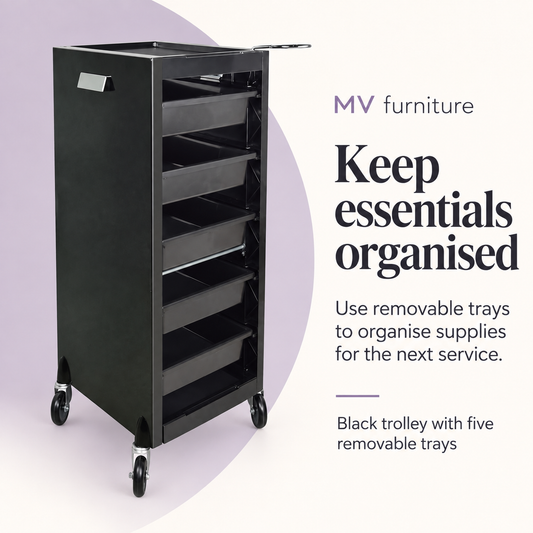 Vitus Hair Trolley — Keep essentials organised. Use removable trays to organise supplies for the next service.