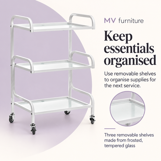 Aeron Beauty Trolley M3029 — Keep essentials organised. Three removable shelves made from frosted, tempered glass.