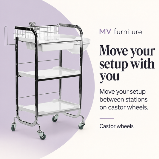 Belle Beauty Trolley M3007A — Move your setup with you. Castor wheels.