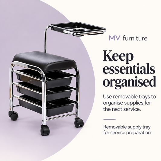 Viva Pedicure Cart Stool/Trolley with Shelves M3001 — Keep essentials organised. Use removable trays to organise supplies for the next service.