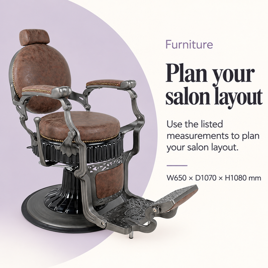 New York Barber Chair Matte Brown — Plan your salon layout. W650 × D1070 × H1080 mm.