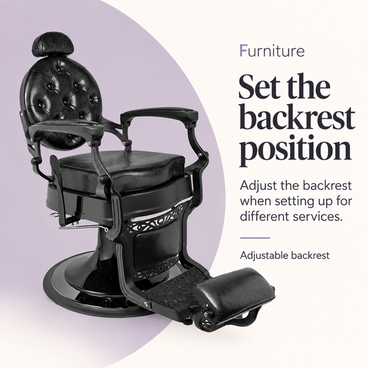 Rafah Barber Chair Black with Matte Black Frame — Set the backrest position. Adjust the backrest when setting up for different services.