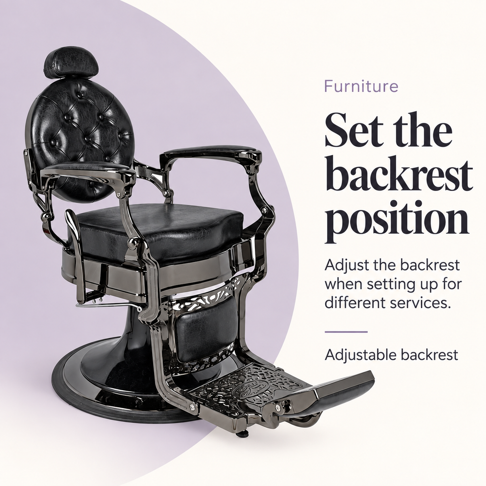Rafah Barber Chair Black with Gunmetal Frame — Set the backrest position. Adjustable backrest.