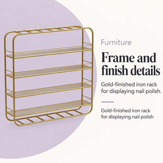 Wall-mounted Nail Polish Display Rack/ Shelves Gold — Frame and finish details. Gold-finished iron rack for displaying nail polish.