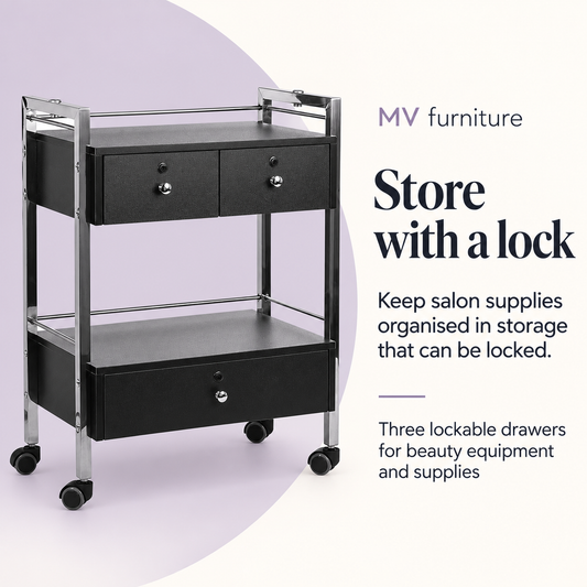 Deluxe Beauty Trolley (Black) 6104 — Store with a lock. Three lockable drawers for beauty equipment and supplies.