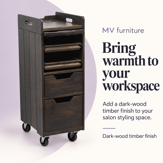 Cooper Timber Hair Trolley (Dark Wood) WTHZ-991 — Bring warmth to your workspace. Dark-wood timber finish.