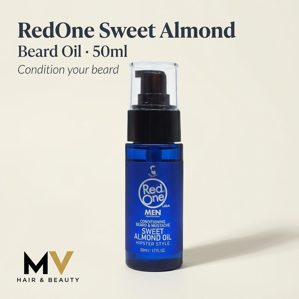RedOne Sweet Almond Beard Oil 50ml — product image with condition your beard caption and MV Hair & Beauty logo
