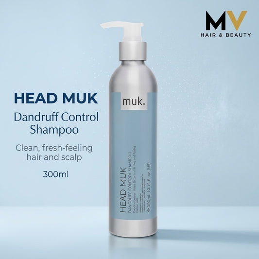 Head muk Dandruff Control Shampoo 300ml studio photo with clean fresh-feeling hair and scalp caption and MV logo