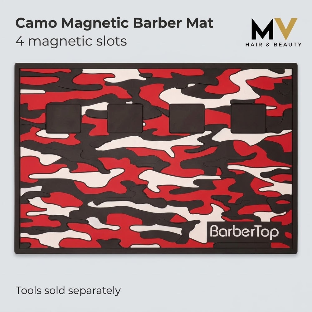 BarberTop red black and white Camo Magnetic Barber Mat with four-slot caption and MV logo