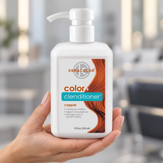Keracolor Copper Color Clenditioner 355 ml bottle held in a salon, showing its copper shade label.