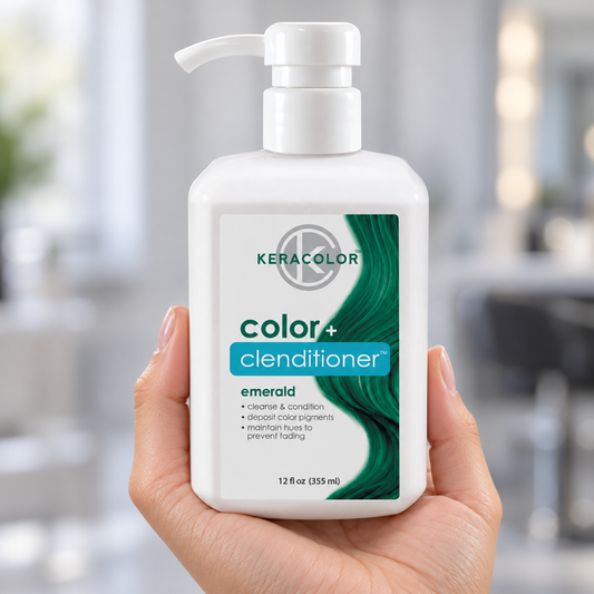 Keracolor Emerald Color Clenditioner 355 ml bottle held in a salon with its green shade label unobstructed.