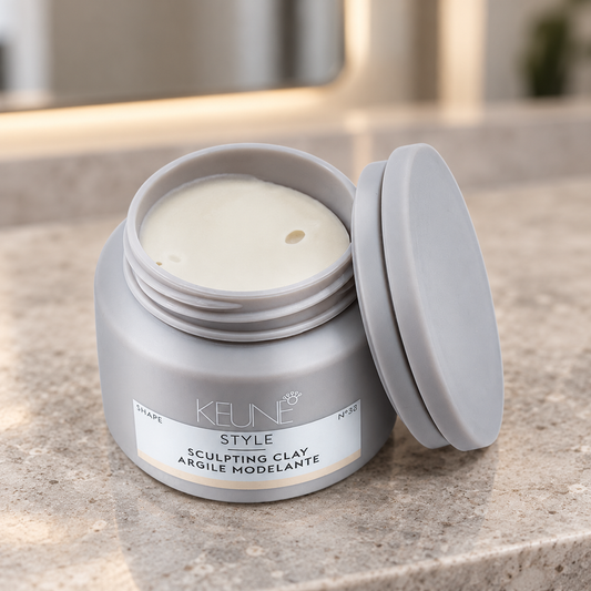 Open Keune Style Sculpting Clay 75ml jar with its lid beside it on a salon counter.