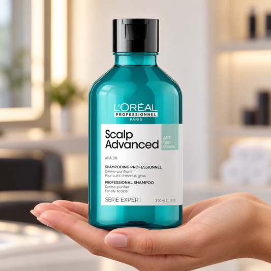 L’Oréal Professionnel Scalp Advanced Anti-Oiliness Shampoo 300ml held upright.